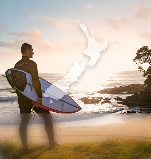 Dreamaroo Luxury, New Zealand Map Outline, Surfer By The Beach Image